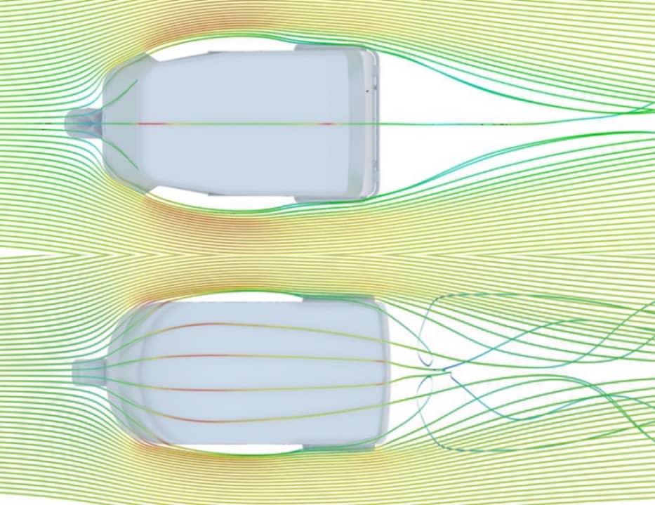 The 3D streamlines around the baseline and revised Rickshaw design - top view