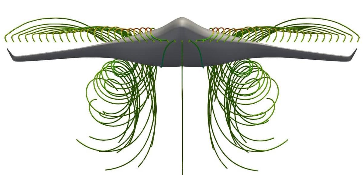 Streamlines on a fixed wing drone with winglets