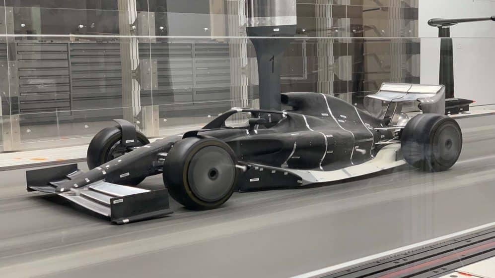 A 2022-spec Formula 1 wind tunnel model under test. CREDIT: www.formula1.com