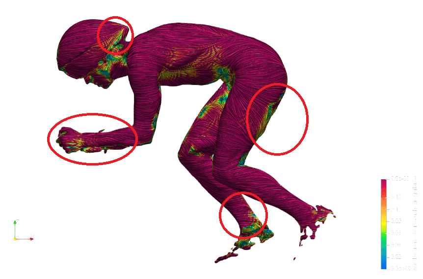 The red circles highlight transitions from high to low surface friction to identify areas of flow separation