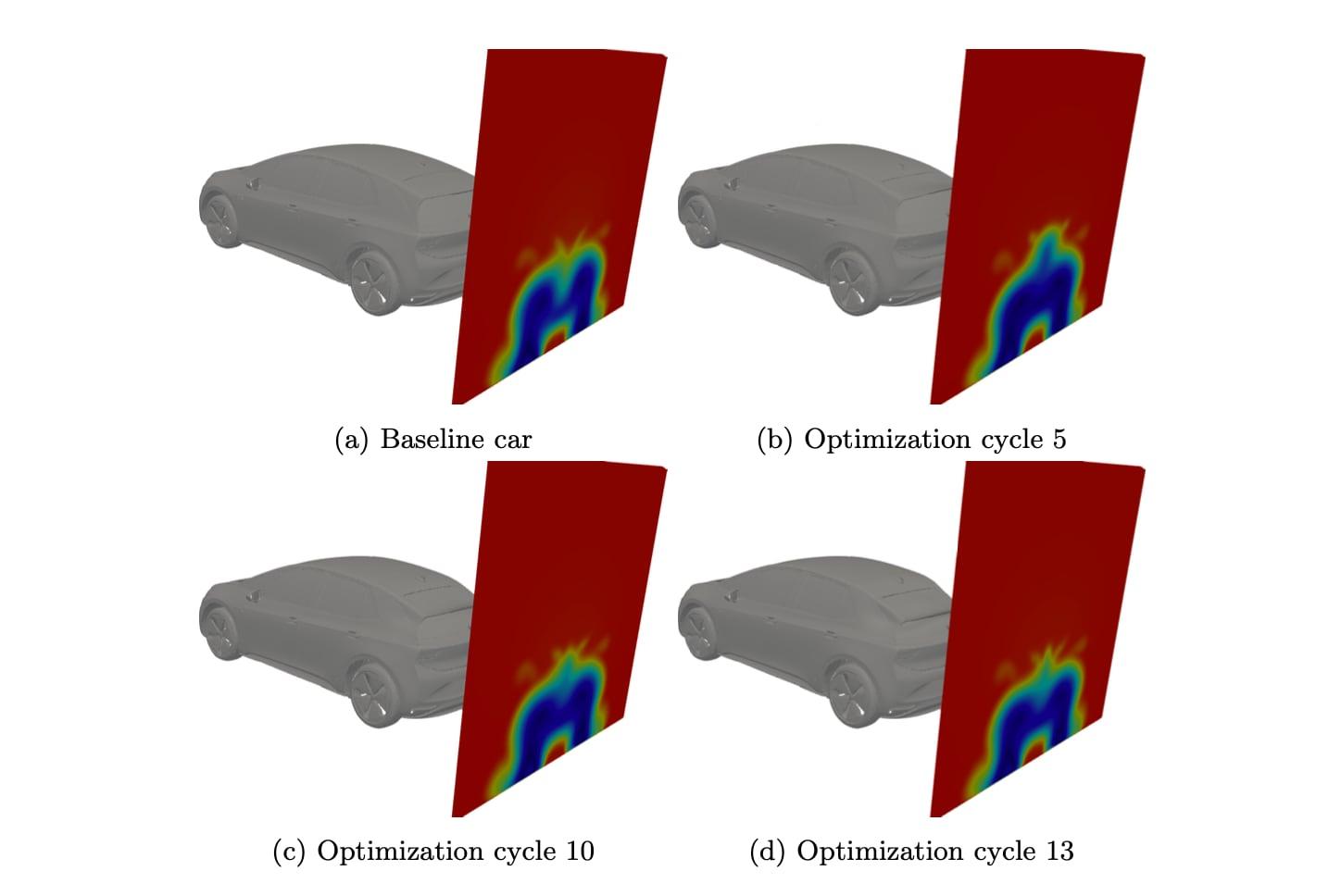 Figure 8: VW ID3, CD minimization: velocity magnitude plotted on a plane located approximately one meter behind some of the geometries obtained during the optimization.