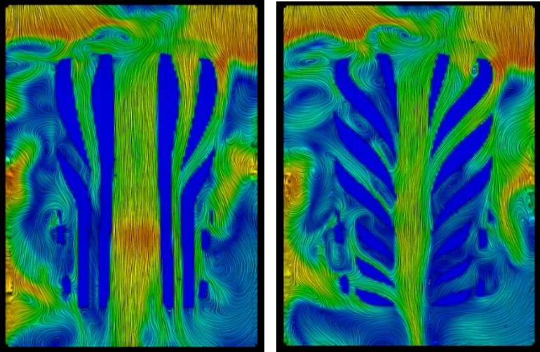 Fig. 4: Sectional plane between back and backpack: Colour pattern indicates airstream and turbulences (left side: AirStreamer concept; right side: AirTurbulencer concept)